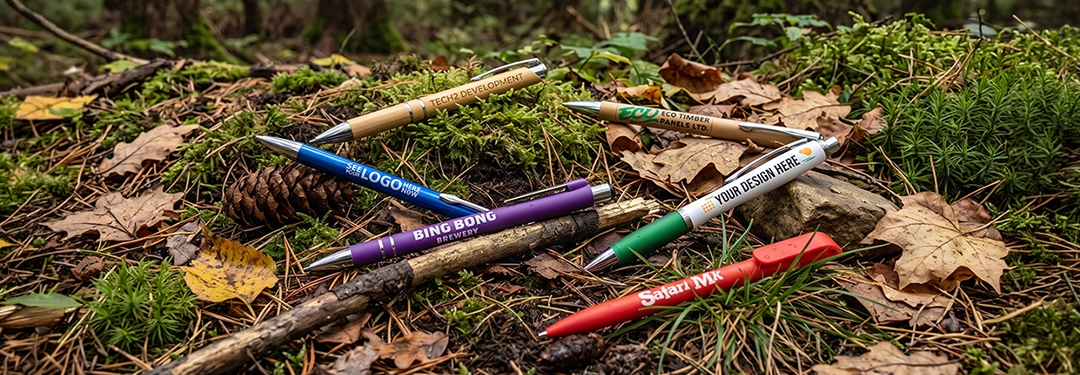 Assorted coloured pens with printed sample logos lying among leaves and moss on the forest floor.
